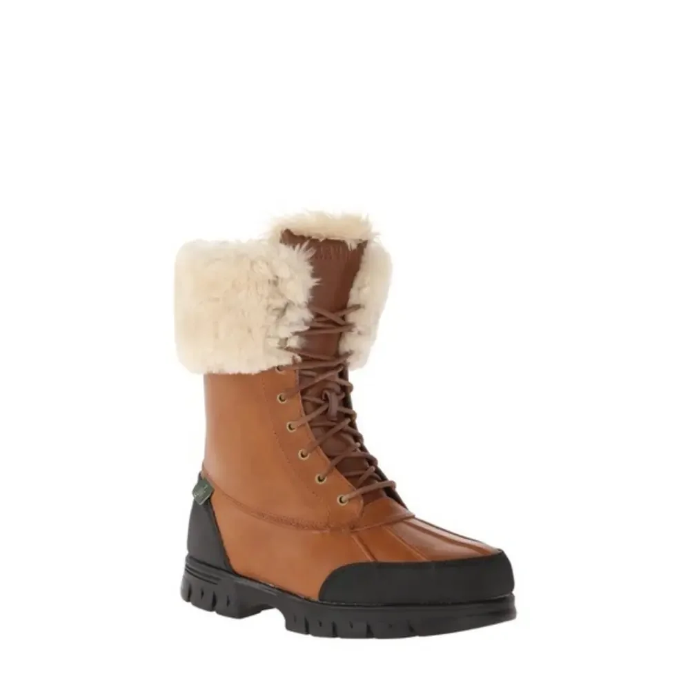 Ralph Lauren‎ Quinta Tan Brown Leather Shearling Mid Calf Winter Boots